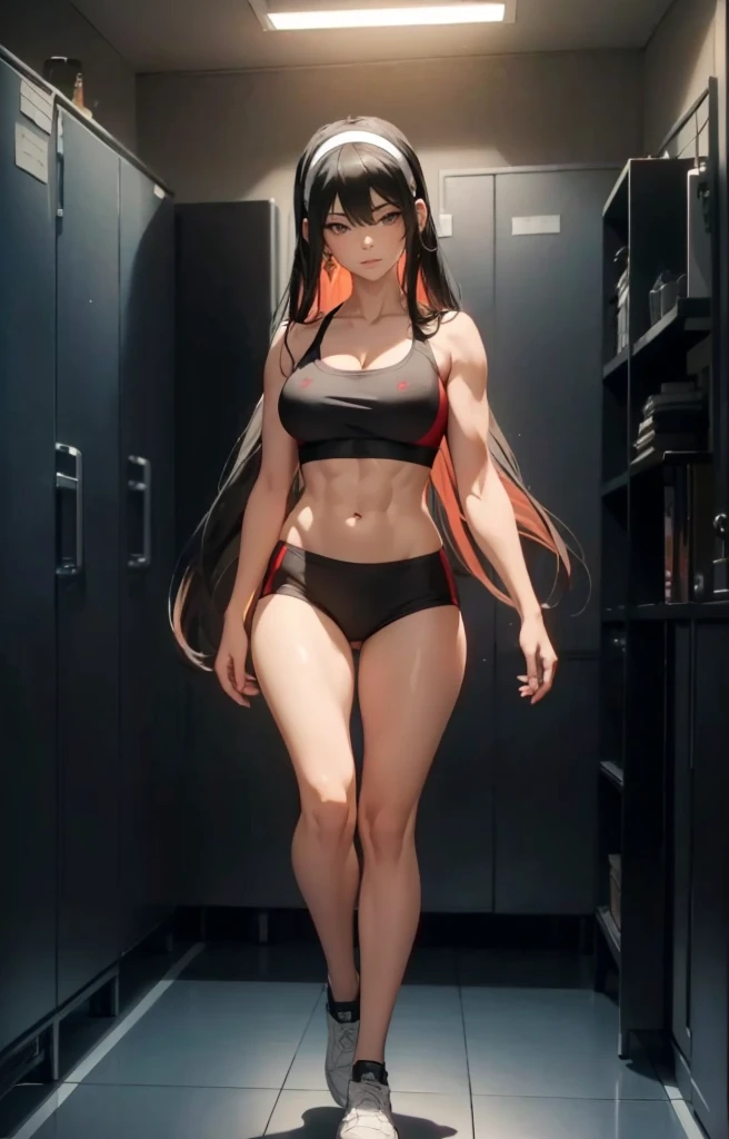 ((1girl, solo)), beautiful body, (perfect anatomy, perfect body, perfect hands, perfect legs), natural proportions, sexy body, large breasts, ((abs)), (((muscular female))), ((full body, full body front)) BREAK
((extremely detailed face)), (beautiful detailed eyes:1.6), (realistic pupils, realistic iris:1), expressive eyes, looking at viewer, (clear eyes:1.3), (hyperrealistic:1.2), (detailed skin texture:1.2), smooth skin, yor briar, (red iris:1.5), (black hair:1.5), long hair, hairband, (white hairband:1.3), sidelocks, bangs, ((mature female)), ((little smile)), (detailed lips:1.2), (attractive lips:1.1), (glossy lips:1.1), (parted lips), perfect face, perfect eyes, earrings BREAK
((sports bra)), buruma, (ass visible through thighs), shoes, (black sportswear), black shorts, midriff BREAK
(masterpiece:1.5), anime-style, top quality, best quality, (beautiful and aesthetic:1.2), (ultra detail:1.5), Ultra-detailed depiction, Ultra-precise depiction, extremely detailed 8k illustration, high resolution, (highly detailed shading:1.2), (realistic lighting:1.4), perfect lighting, vibrant colors, dynamic tones, striking hues, 8k, absurd resolution, perfect shadows, hdr, UHD, ambient lighting, realistic, ultra-realistic, photo realistic, highly detailed, rich detail, luminous colors, fine texture, intricate design, professional illustration, (soft light:1.2), (illustration:0.7)