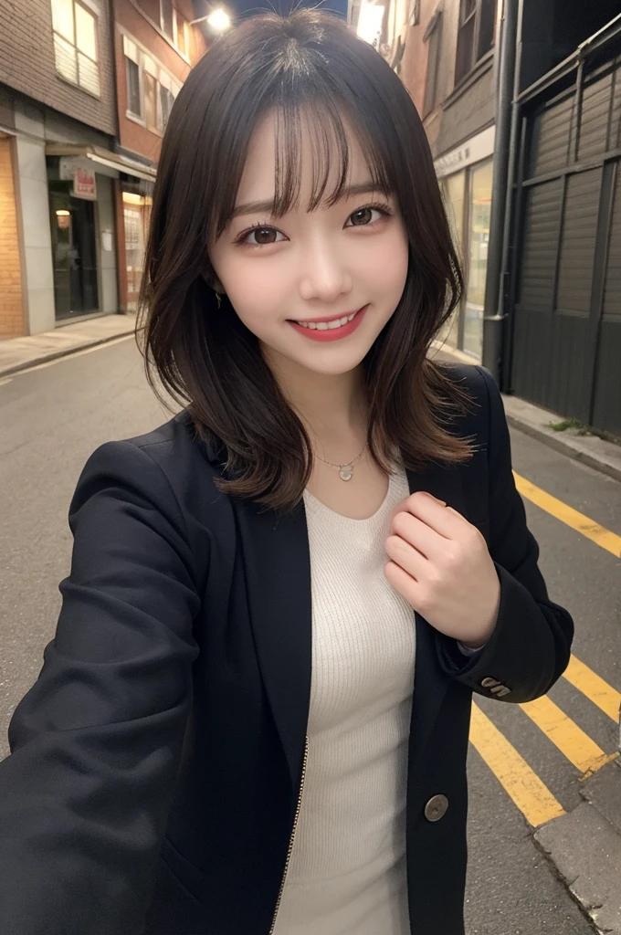 Selfie、Jacket、Wear warm clothes、Laughing、Standing、night、Alley、Very short hair、short、ベリーshortカット、Highest quality, figure, Super detailed, In detail, High resolution, 8k wallpaper, Perfect dynamic composition, Beautiful attention to detail, dress,Medium Hair, Small breasts、Natural color lip, Random sexy poses,smile,24-years-old
