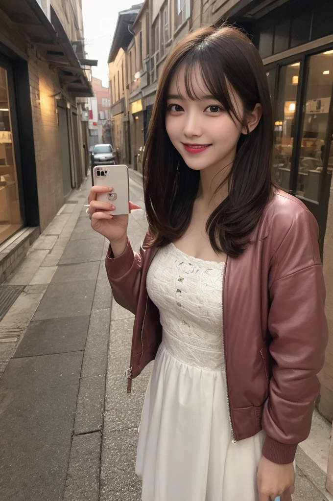 Selfie、Jacket、Wear warm clothes、Laughing、Standing、night、Alley、Very short hair、short、ベリーshortカット、Highest quality, figure, Super detailed, In detail, High resolution, 8k wallpaper, Perfect dynamic composition, Beautiful attention to detail, dress,Medium Hair, Small breasts、Natural color lip, Random sexy poses,smile,24-years-old