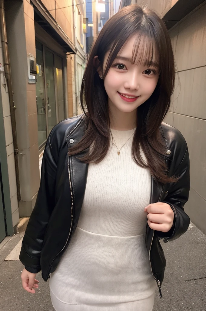 Selfie、Jacket、Wear warm clothes、Laughing、Standing、night、Alley、Very short hair、short、ベリーshortカット、Highest quality, figure, Super detailed, In detail, High resolution, 8k wallpaper, Perfect dynamic composition, Beautiful attention to detail, dress,Medium Hair, Small breasts、Natural color lip, Random sexy poses,smile,24-years-old