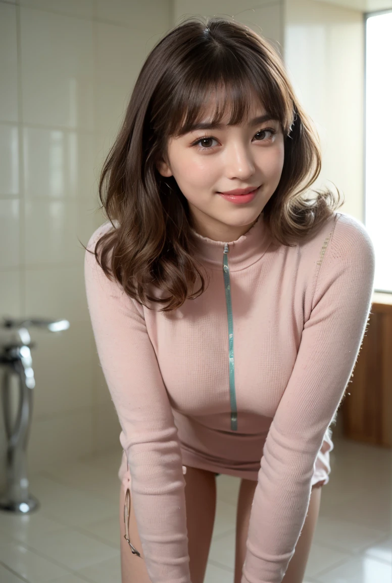 (((neat woman,pull own clothes:1.9))),(((Bright-eyed excitement,leaning forward,gravure idol pose,(((kind smile:1.8,blush:1.8,red cheek))),please touch me,eat me,tempting viewer,i want you))),(((blush,blush,red cheek,red cheek)))),(cinematic lighting), (Photo real:1.4)、(A hyper-realistic:1.4)、(Photorealistic:1.3)、 (gentle lighting: 1.05)、(Improve the lighting quality of your video:0.9)、 32k、25years old woman、photorealistic lighting、Back lighting、Facial Lights、Ray Trace、(bright:1.2)、(Increase quality:1.4)、 (best quality real texture skin)、Fair eyes,delicate face、 Close-up of the face, ((((Wearing the dark grey with pinkcotton onepiece dress,with pink line:1.8,dark grey long skirt tight cotton onepiece:1.8,high-neck:1.4,high-heel))),(Bodyline mood improvement:1.1)、Glossy skin、good figure,perfect anatomy,Beautiful actress,(((beautiful huge breasts:1.8,slender waist,slender hip,long slender legs,8heads tall))),(((8heads tall))),(((brown wavy hair,bangs))),(((sweat skin,shiny skin,in the beautiful retro changing room with many rockers,super clean night view,in the night))),