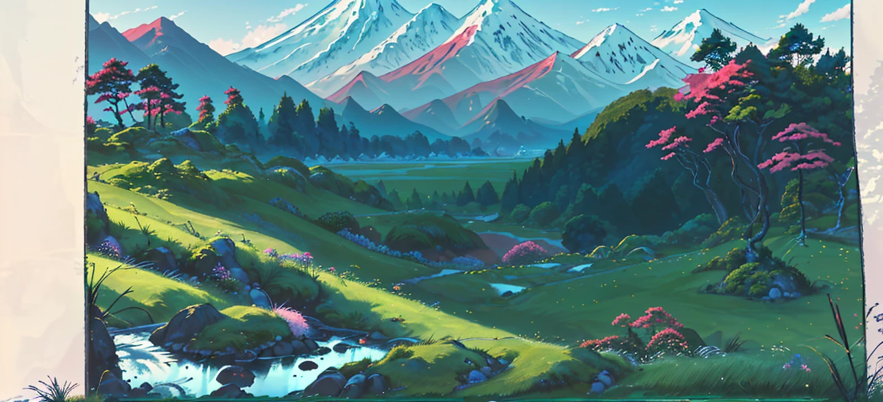 A Japanese valley unfolds with Mount Fuji in the background. Alongside vibrant grass, a slender road meanders, accompanied by the presence of tall trees, enhancing the serene beauty of the landscape.