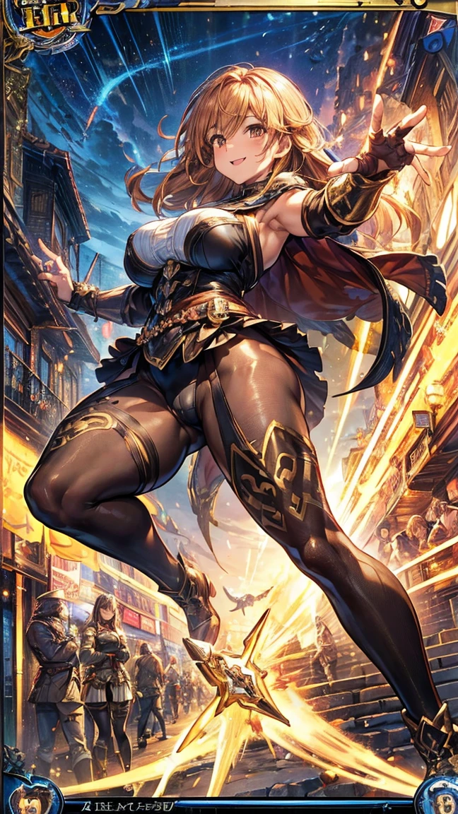 (1 mature brown amazon,Full Body Tights,Age 35), ((Pub,guild)),(smile),Dynamic pose,Dynamic Angle,Pose for a photo,From below,Elderly woman、Trading Card Game Frames、Highest Rare、Five Fingers、Signature mark、Big Butt、Yellow Hair、Gauntlet Fighting Pose Giant Axe Muscular Married Woman