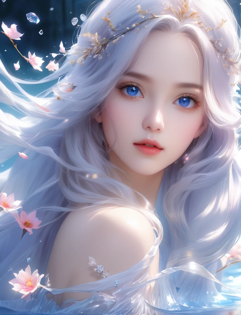 (masterpiece,Highest quality:1.5),masterpiece, Highest quality, Official Art, Very detailed CG 8K 壁紙, (Fluttering petals) (Detailed ice) , crystal texture skin, Cold look, ((Fox Ears)), Gray Hair, Long Hair, Messy Hair, blue eyes, View your viewers, Very delicate and beautiful, water, ((Detailed eye of beauty)), Very detailed, Cinema Lighting, ((Beautiful Face), fine water surface, (Original Portraits), Super detailed, Incredibly detailed, (an Very delicate and beautiful), Beautiful Eyes, Upper Body，Eye details, mysterious