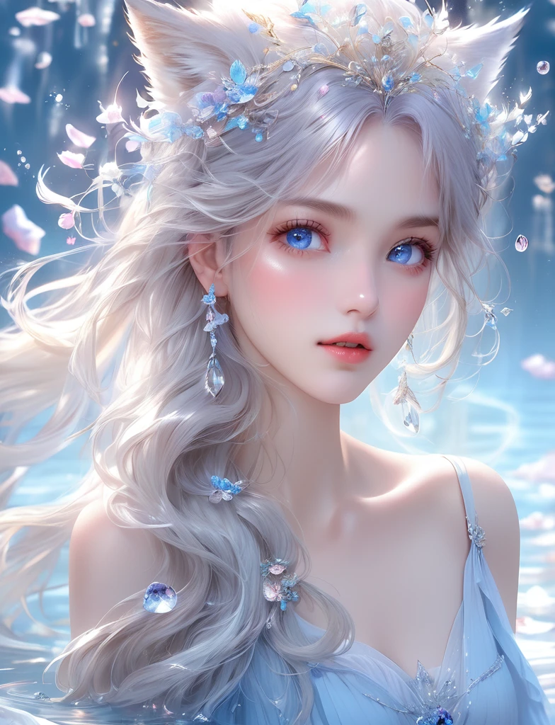 (masterpiece,Highest quality:1.5),masterpiece, Highest quality, Official Art, Very detailed CG 8K 壁紙, (Fluttering petals) (Detailed ice) , crystal texture skin, Cold look, ((Fox Ears)), Gray Hair, Long Hair, Messy Hair, blue eyes, View your viewers, Very delicate and beautiful, water, ((Detailed eye of beauty)), Very detailed, Cinema Lighting, ((Beautiful Face), fine water surface, (Original Portraits), Super detailed, Incredibly detailed, (an Very delicate and beautiful), Beautiful Eyes, Upper Body，Eye details, mysterious