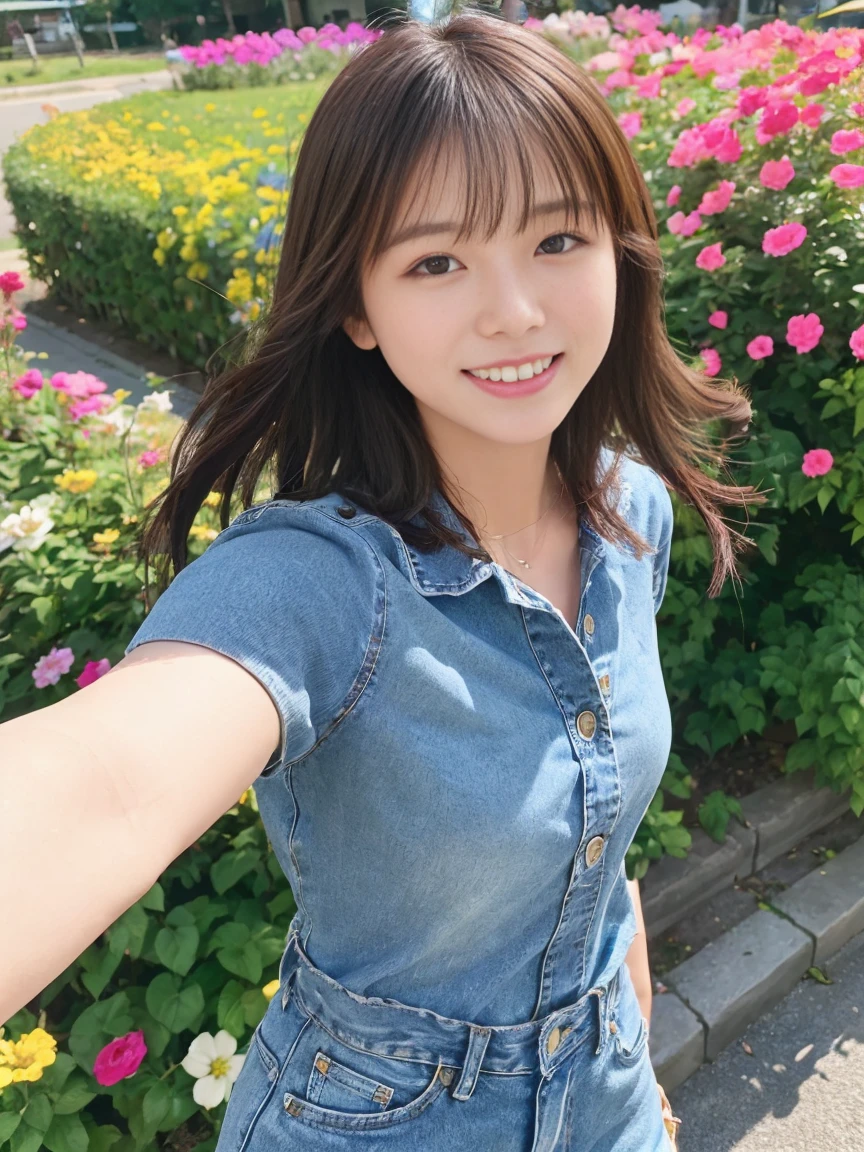 (Upper body selfie:1.3)、countryside flower garden、Colorful flowers々Against the backdrop of、Daytime blue sky、Remove the beam from above、In natural light、Generate images of beautiful women from around the world、While reflecting elements of simple beauty。A woman with a natural smile and attractive facial expression、Healthy Skin、Shining Eyes、Expressing a cheerful atmosphere。alone、Casual shirts、Denim pants、sneakers、The breeze is blowing、Hair swaying slightly in the wind、(8K quality、Tabletop、Highest quality、Ultra-high resolution output images)、(Highly detailed RAW photos:1.3)、(Picture Mode Ultra HD)