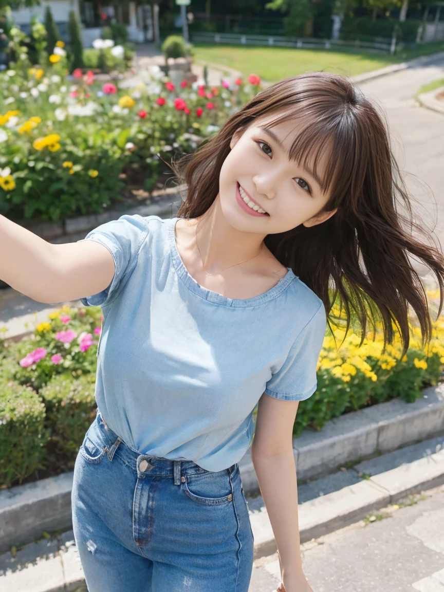 (Upper body selfie:1.3)、countryside flower garden、Colorful flowers々Against the backdrop of、Daytime blue sky、Remove the beam from above、In natural light、Generate images of beautiful women from around the world、While reflecting elements of simple beauty。A woman with a natural smile and attractive facial expression、Healthy Skin、Shining Eyes、Expressing a cheerful atmosphere。alone、Casual shirts、Denim pants、sneakers、The breeze is blowing、Hair swaying slightly in the wind、(8K quality、Tabletop、Highest quality、Ultra-high resolution output images)、(Highly detailed RAW photos:1.3)、(Picture Mode Ultra HD)