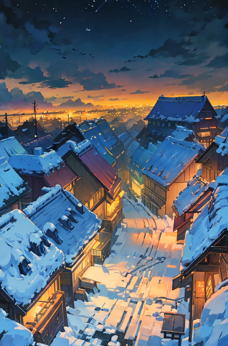 「Drawing animated cityscape at night with falling snow。An overpass with moving cars passing by、There are skyscrapers in the background。In the distance, to the east