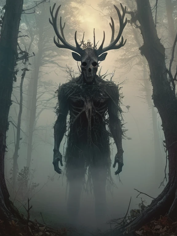 digital artwork by Beksinski (gigantic distant figure covered in volumetric fog:1.35), (Leshen:1.9) from Witcher, (deer skull face:1.1), antlers, misty morning, god rays, overgrown wood, digital artwork, masterpiece, intricate details, crisp image, 16k