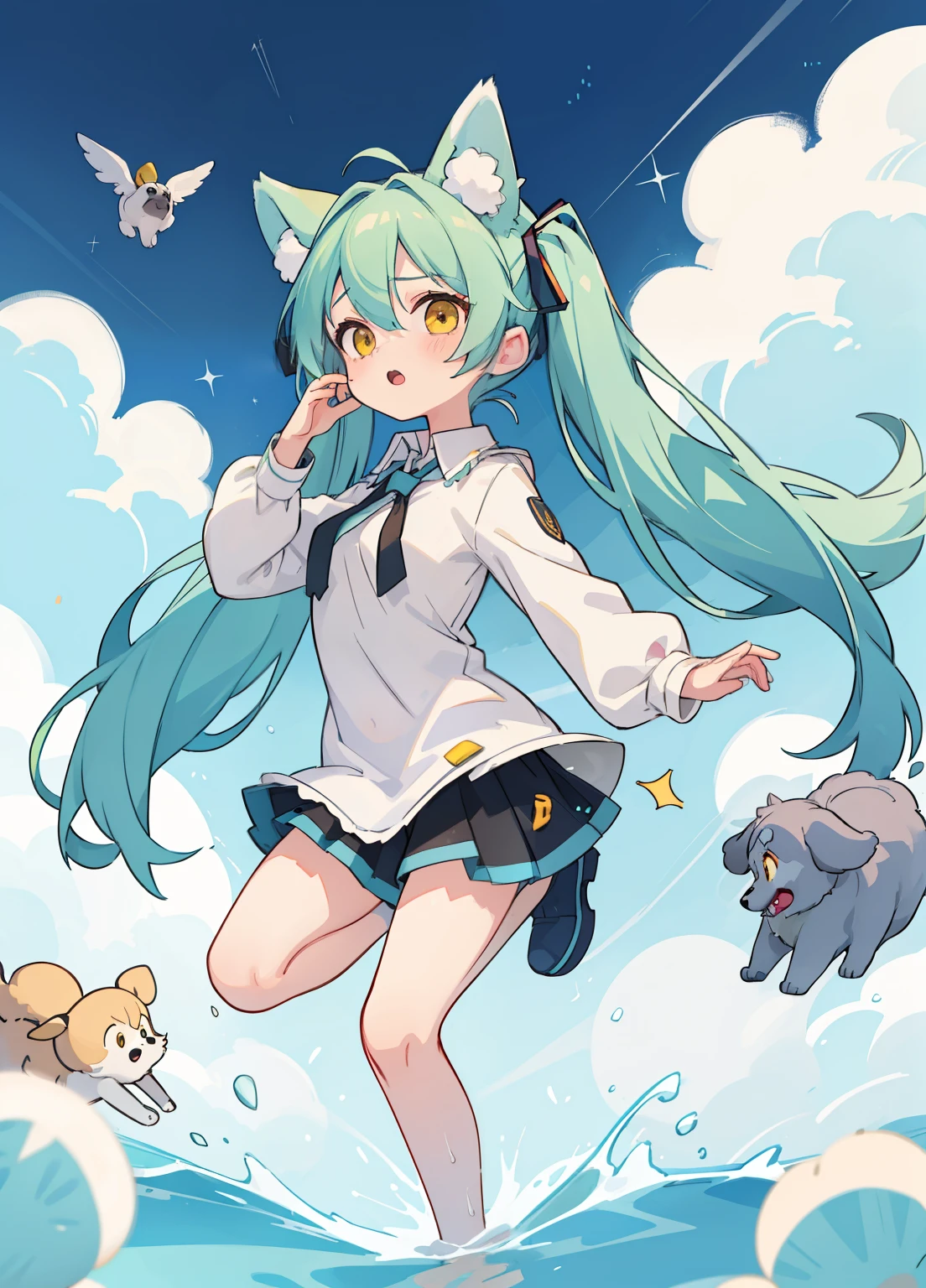 (masterpiece、Highest quality、Highest quality、Official Art、Beautiful and beautiful:1.2)、(One girl:1.3)Hatsune Miku、Twin tails,Beautiful breasts,Actively fly around,Male 10th generation,Silver-haired,Dog ears grow from the head,Long Hair,Wolf Cut,Disheveled Hair,White clothing,Decorative collar,tooth,Yellow Eyes,sharp big eyes,Rampaging figure,battle,Dog's tail,Fur,nails are long,筋肉のmasterpiece、Disheveled clothes,Highest quality、(Awareness-raising)、boyish、(Gray Hair)、cute、(Fur and white clothes)、Background of Japan Shrine