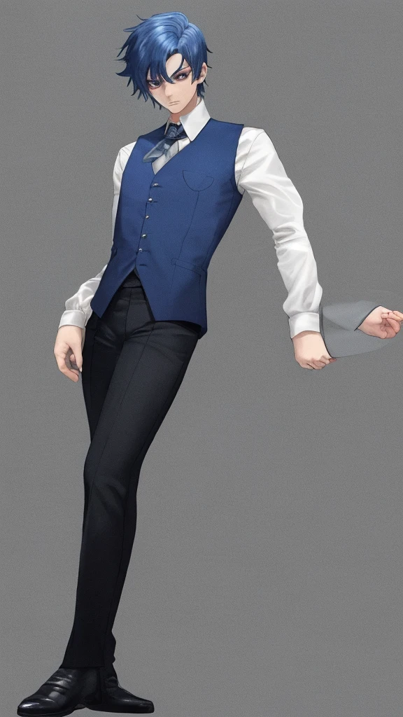skin dark salmon, short hair, shirt international klein blue, black eyes, full body, male focus, vest, international klein blue hair,