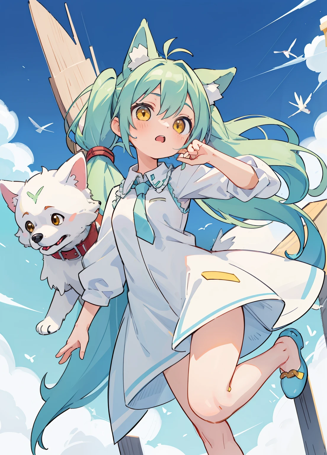 (masterpiece、Highest quality、Highest quality、Official Art、Beautiful and beautiful:1.2)、(One girl:1.3)Hatsune Miku、Twin tails,Beautiful breasts,Actively fly around，Male 10th generation，Silver-haired，Dog ears grow from the head，Long Hair，Wolf Cut，Disheveled Hair，White clothing，Decorative collar，tooth，Yellow Eyes，sharp big eyes，Rampaging figure，battle，Dog&#39;s tail，Fur，nails are long，筋肉のmasterpiece、Disheveled clothes，Highest quality、(Awareness-raising)、boyish、(Gray Hair)、cute、(Fur and white clothes)、Background of Japan Shrine