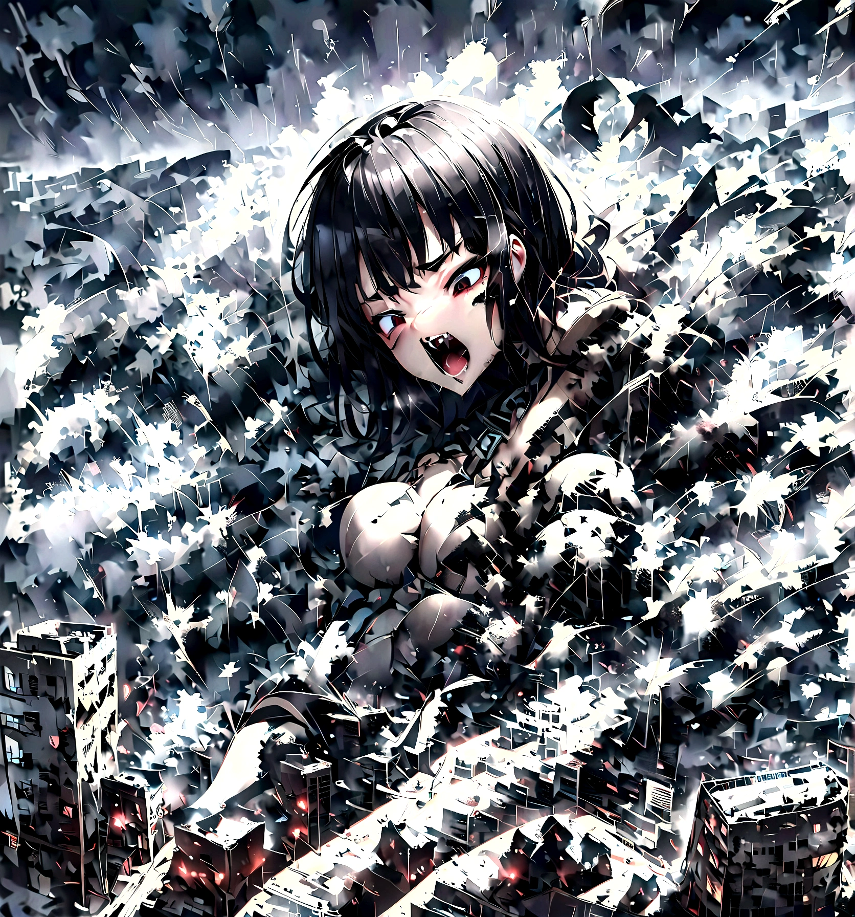 anime giantess,giant monster girl, laughing out loud,Tentacles,looking down,storm,giant body,epic,serious situation,giantess,giantess art work、Attack on Titan、nude、full body、lightning、Destroyed urban area、rubble、fighting battle tanks