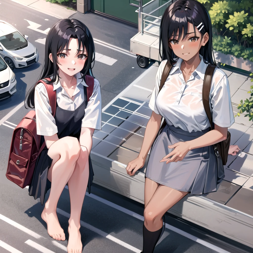 ((best quality)), ((masterpiece)), (details), one girl, sexy ((best quality)), ((masterpiece)), (details), one girl, sexy ((best quality)), ((masterpiece)), (details), one girl, full body, sexy expensive body, expensive, long legs, mature woman, mature, adult, it_nagatoro_main, Nagatoro Hayase, one girl, blushing, alone, uniform polo shirt, black hair, bag, brown eyes, hair accessory, looking at viewer, hair clip, outdoors, backpack, smiling, long hair, dark skinned woman, dark skin, , bangs, daytime, skirt, collared shirt, collarbone, ear clip, mouth closed, tree, asymmetrical bangs, upper body