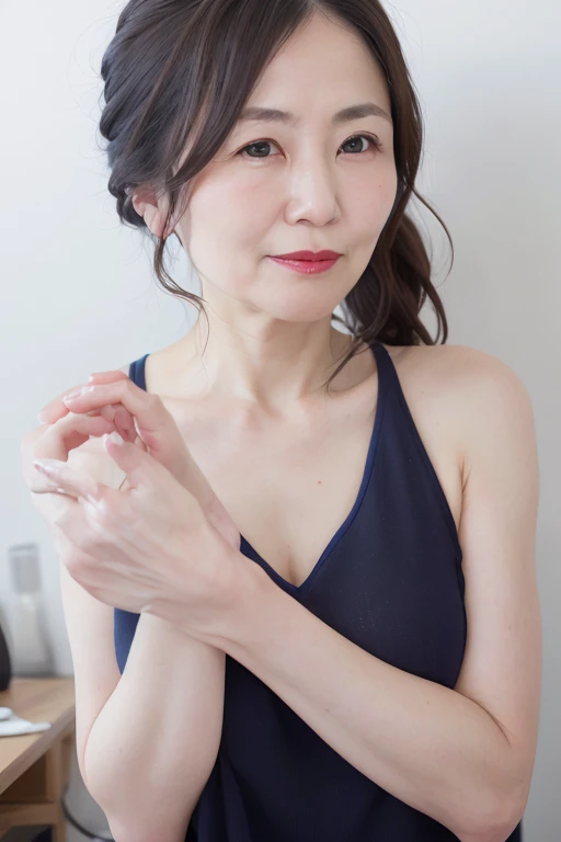 A calm and mature 55 year old Japanese woman, Married women, Delicate features, Long eyelashes, Sparkling Eyes, Low Ponytail, Red lipstick, Rosy Cheeks, eye shadow, elegant, Sexy pose, Tank top, Cleavage, Upper Body, Erotic, wallpaper, nsfw, (Highest quality,8K,High resolution,masterpiece:1.2),
