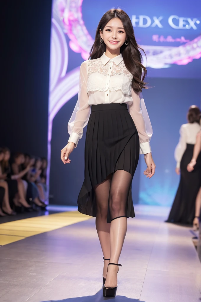 Amazingly large eyes、Smiling expression with white teeth visible、H cup bust、50cm waist、Slender and fair-skinned、Japan woman with long hair、20-year-old、Slim figure、Wearing a pleated skirt and a sheer lace blouse that flutters in the vivid breeze、Wearing high heels。On the runway at a fashion show、Her whole body was shown, from her high heels to her head, as she walked towards the viewer.、Bright, photo-quality images。