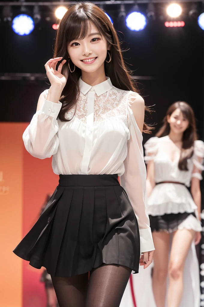 Amazingly large eyes、Smiling expression with white teeth visible、H cup bust、50cm waist、Slender and fair-skinned、Japan woman with long hair、20-year-old、Slim figure、Wearing a pleated skirt and a sheer lace blouse that flutters in the vivid breeze、Wearing high heels。On the runway at a fashion show、Her whole body was shown, from her high heels to her head, as she walked towards the viewer.、Bright, photo-quality images。
