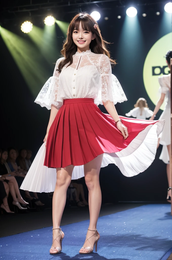 Amazingly large eyes、Smiling expression with white teeth visible、H cup bust、50cm waist、Slender and fair-skinned、Japan woman with long hair、20-year-old、Slim figure、Wearing a pleated skirt and a sheer lace blouse that flutters in the vivid breeze、Wearing high heels。On the runway at a fashion show、Her whole body was shown, from her high heels to her head, as she walked towards the viewer.、Bright, photo-quality images。