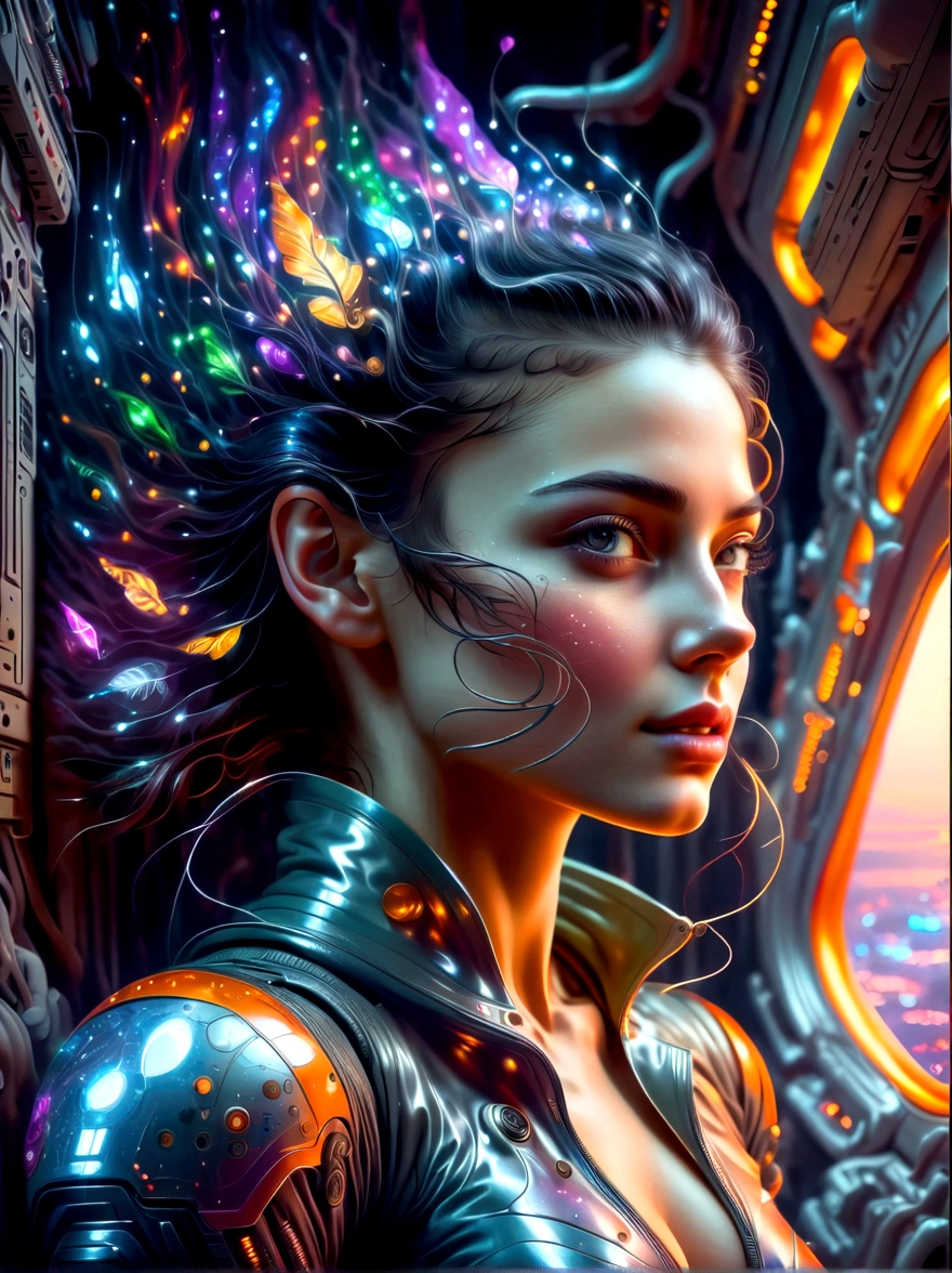 An ardent depiction of a youthful Slavic female embodied in exquisite realism, her dark hair contrasting against her sleek spacesuit. She is aboard a luminous futuristic spaceship, encapsulated by a myriad of levitating felines. Borrowing from the energetic and adventurous vibe specific to sci-fi comic books, the scene exudes a vibrant dynamism. The spaceship expresses its identity through a large insignia, 'NEOFLEX'. Adding a whimsical touch is a festively adorned Christmas tree in the backdrop. The girl expertly maneuvers a laptop, also donned with 'NEOFLEX', epitomizing her astute programming skills. The wide encompassing view, analogous to that captured by a wide-angle Nikon D850, immerses the viewer in this captivating space odyssey.