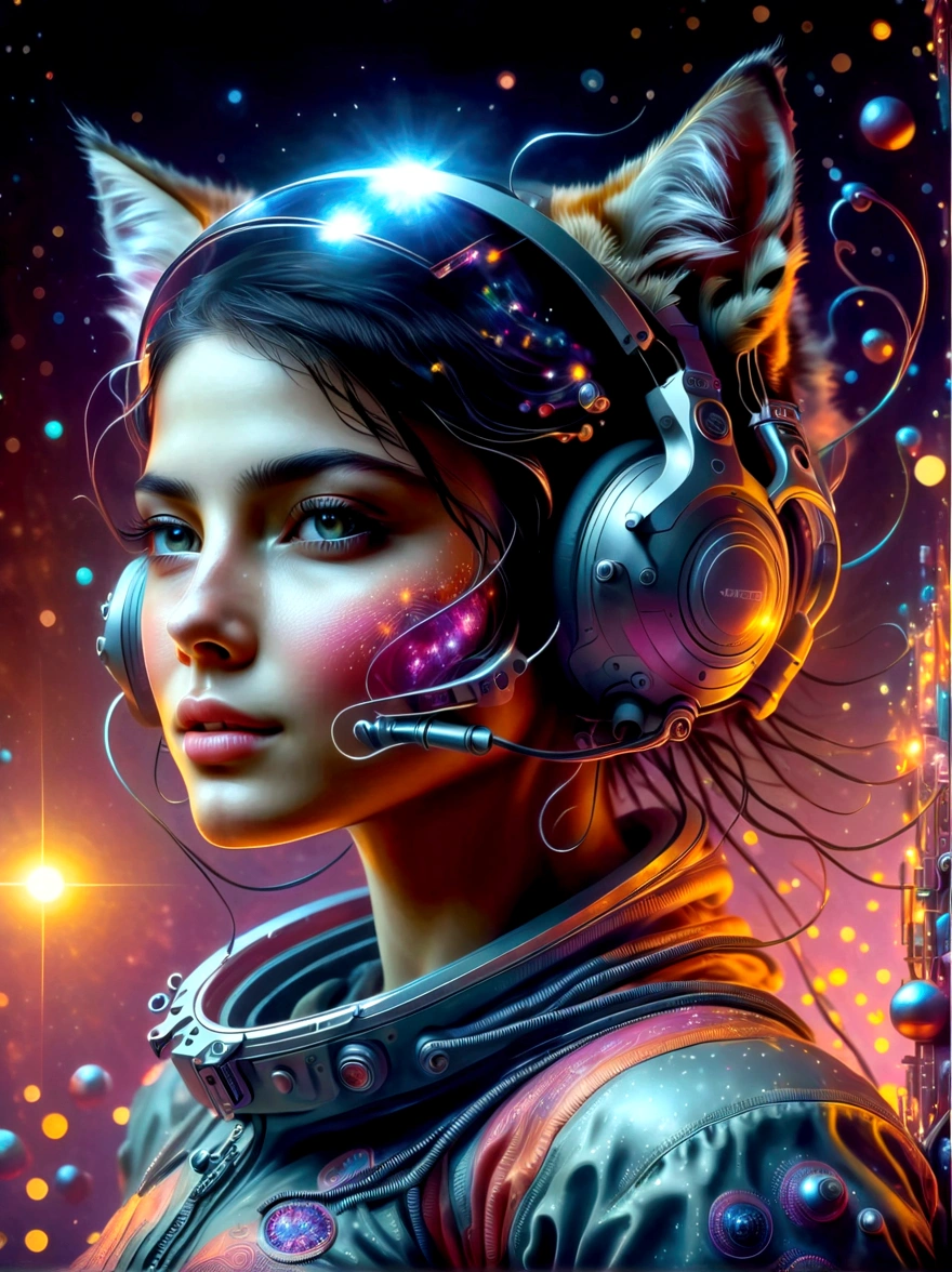 An ardent depiction of a youthful Slavic female embodied in exquisite realism, her dark hair contrasting against her sleek spacesuit. She is aboard a luminous futuristic spaceship, encapsulated by a myriad of levitating felines. Borrowing from the energetic and adventurous vibe specific to sci-fi comic books, the scene exudes a vibrant dynamism. The spaceship expresses its identity through a large insignia, 'NEOFLEX'. Adding a whimsical touch is a festively adorned Christmas tree in the backdrop. The girl expertly maneuvers a laptop, also donned with 'NEOFLEX', epitomizing her astute programming skills. The wide encompassing view, analogous to that captured by a wide-angle Nikon D850, immerses the viewer in this captivating space odyssey.