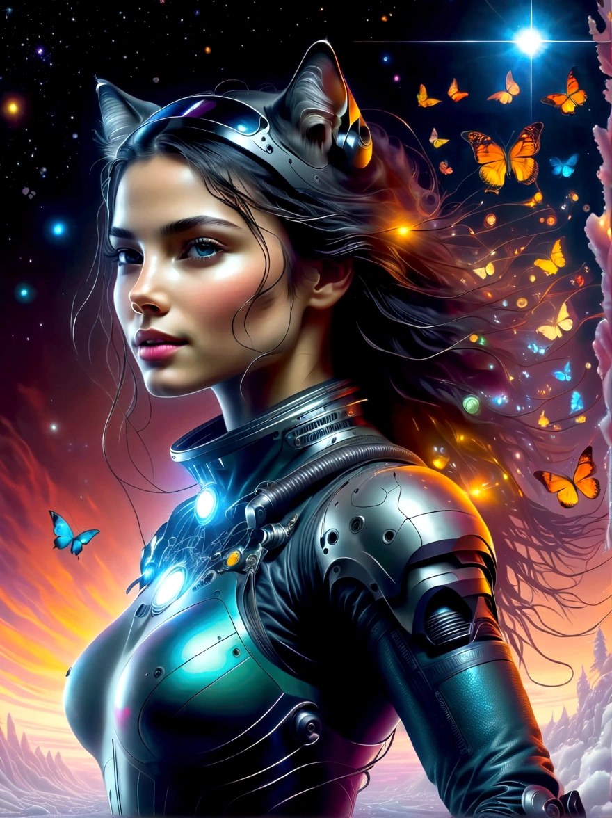 An ardent depiction of a youthful Slavic female embodied in exquisite realism, her dark hair contrasting against her sleek spacesuit. She is aboard a luminous futuristic spaceship, encapsulated by a myriad of levitating felines. Borrowing from the energetic and adventurous vibe specific to sci-fi comic books, the scene exudes a vibrant dynamism. The spaceship expresses its identity through a large insignia, 'NEOFLEX'. Adding a whimsical touch is a festively adorned Christmas tree in the backdrop. The girl expertly maneuvers a laptop, also donned with 'NEOFLEX', epitomizing her astute programming skills. The wide encompassing view, analogous to that captured by a wide-angle Nikon D850, immerses the viewer in this captivating space odyssey.