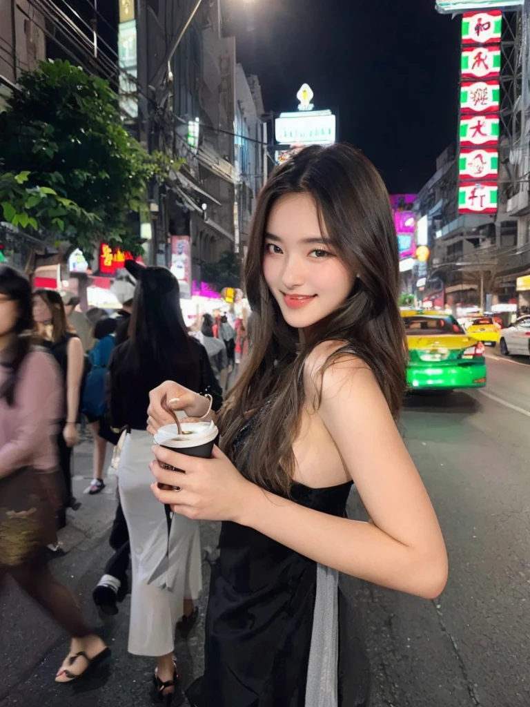 woman in black dress holding a cup of coffee on a city street, 18 yo,