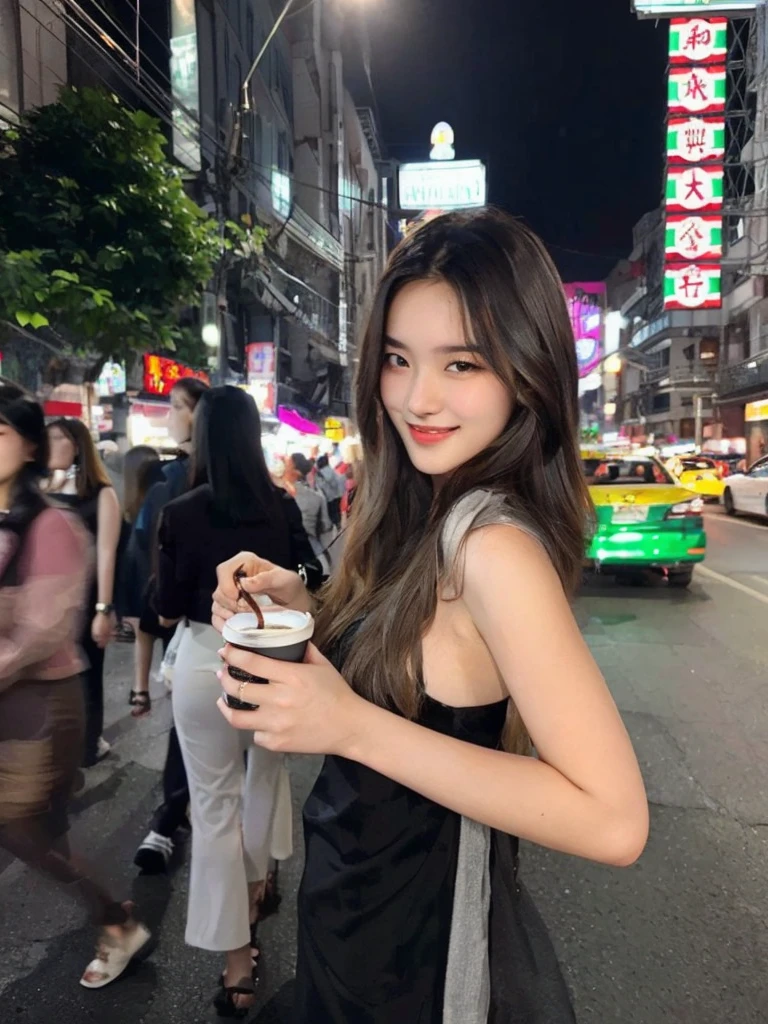 woman in black dress holding a cup of coffee on a city street, 18 yo,