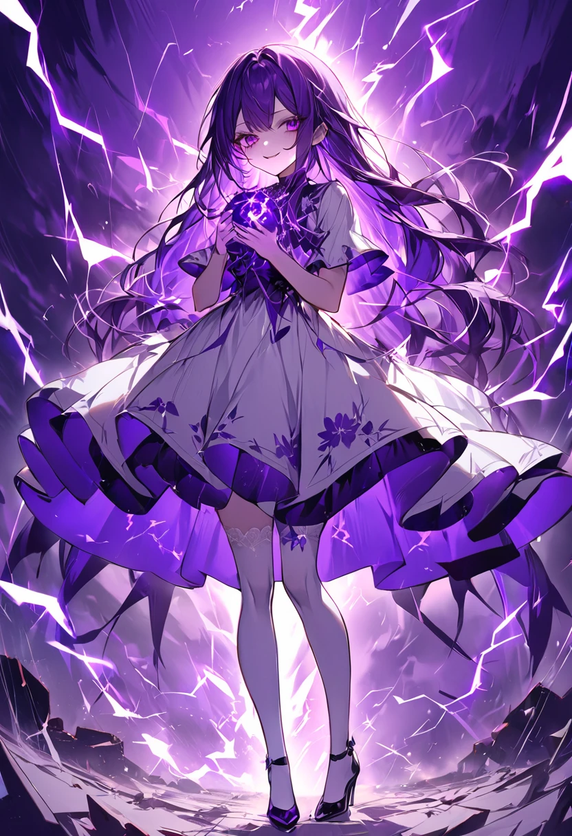 Beautiful girl with purple hair，Purple and white dress wearing a long dresy hair was messy，My hair is messy，White Stockings，Black high heels，Purple lightning flew out of his body，The whole sky was covered with purple lightning in his hands，With a sinister smile，Standing in the purple sky with lightning and thunder，Purple lightning envelops the whole body