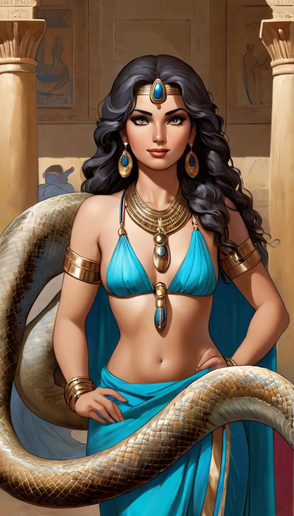 Femme de 30 ans,  égyptienne, corps généreux , a l'Égypte antique, avec une très forte poitrine, a la peau de serpent, dans un temple égyptien, porte une robe rouge et maron couleur sable, moule le corps, vêtements transparent, femme avec de long cheveux raide noirs orné de nombreux bijoux,  la femme est très enceinte de serpent, sa poitrine est gonflé de lait, la femme a des crochets de serpent visible lorsqu'elle sourit, la femme a des yeux doré a pupilles reptilienne, la femme et une femme serpent