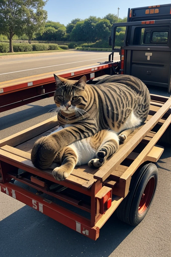 A very fat cat is tied to a flatbed truck.