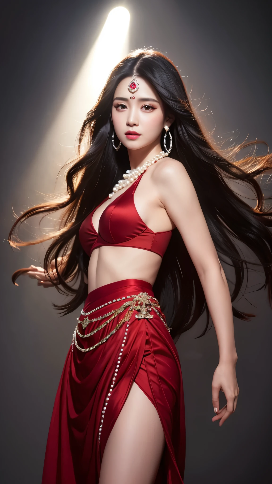 face lighting,bright backlight,medium breasts,ultra high resolution,highest quality,photograph,4k,(realistic:1.2),NVDI,1 girl,alone,black hair,(red long skirt:1.1),long hair,pearls and gems,bare shoulders,pelvic curtain,