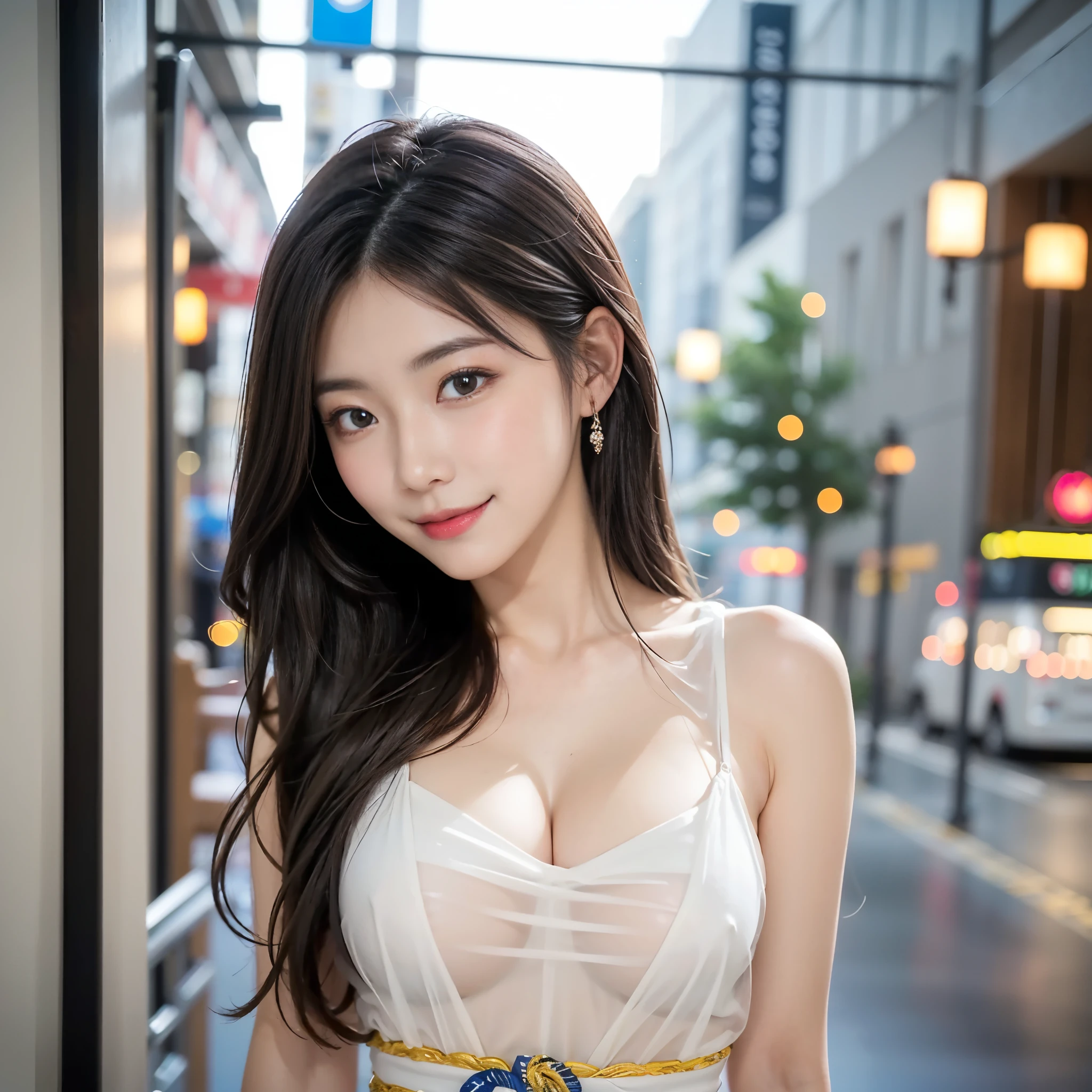 ((Mature woman standng in a busy street)),((colorful pattern see through dress:1.3)). 40k, Photography, masutepiece, Best Quality, dark grey background, ((Mature Women, waifu, mami, A MILF)), ((voluptuous breasts)), Perfect face, perfect , ((One girl with brown eyes and gorgeous bright black hair)). a Pretty Japanese woman,wet hair look, completely soft chest and white skin,, ((Very soft breasts)). Ultra-detailed face, Detailed eyes, long wavy hair, embarrassed, Smile, closed lips, closed mouth, winter, Daytime, upper body view,