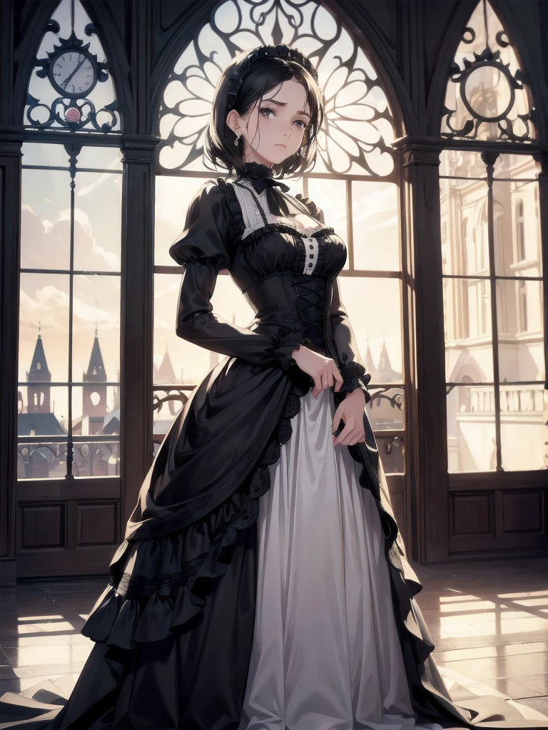 absurdres, RAW photo, extremely delicate and beautiful, masterpiece, Best Quality, ultra high resolution, 32k, hyperrealistic, ultra-detailed, in her 20s, delicate facial features, tearful mole, earring, medium breasts, full body shot, shorter middle hair, black hair, intricate Romantic Victorian Gothic Outfit,