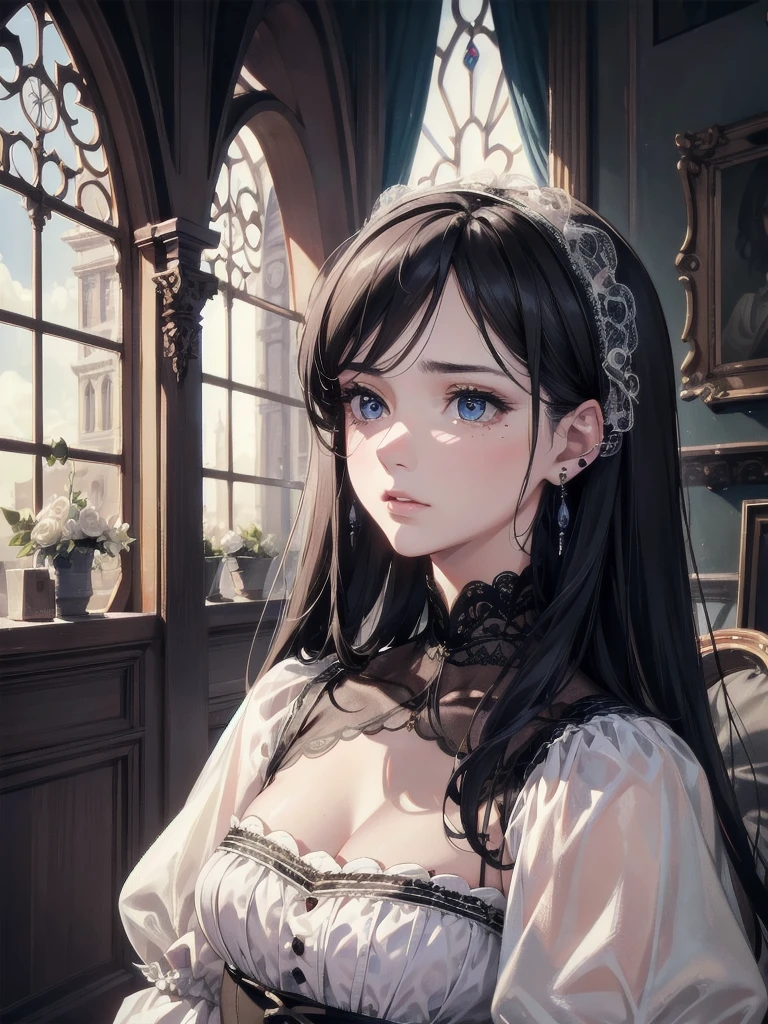 absurdres, RAW photo, extremely delicate and beautiful, masterpiece, Best Quality, ultra high resolution, 32k, hyperrealistic, ultra-detailed, in her 20s, delicate facial features, tearful mole, earring, medium breasts, full body shot, shorter middle hair, black hair, intricate Romantic Victorian Gothic Outfit,