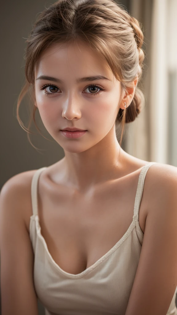 Highest quality, , Soft Light, Ultra-high resolution, (Realistic:1.4), RAW Photos, 1 Swedish girl, alone, Or a  face,Baby y pose、(A shy smile:0.5), (Brown eyes, Light in your eyes), Short,(Updo)
