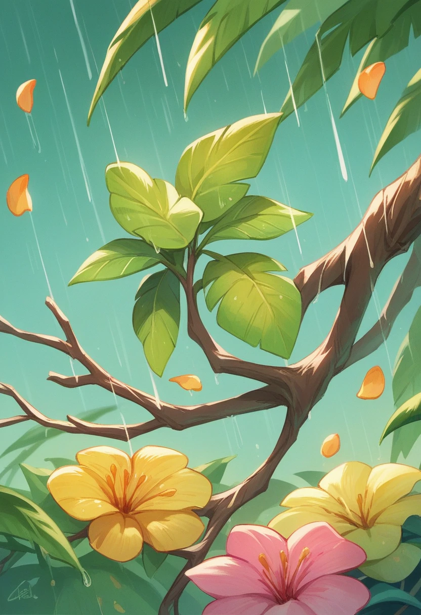 Hyper realistic and hd quality . Create a very fresh yellow  cattaleya orchid.Growing  at branch of tree in tropical region. Its petals and sepals yellow but its column is ruby like colour. Stamen and pistill are pink. Grow with emeral green leaves and body. Fresh with golden sunshine and rain drops.