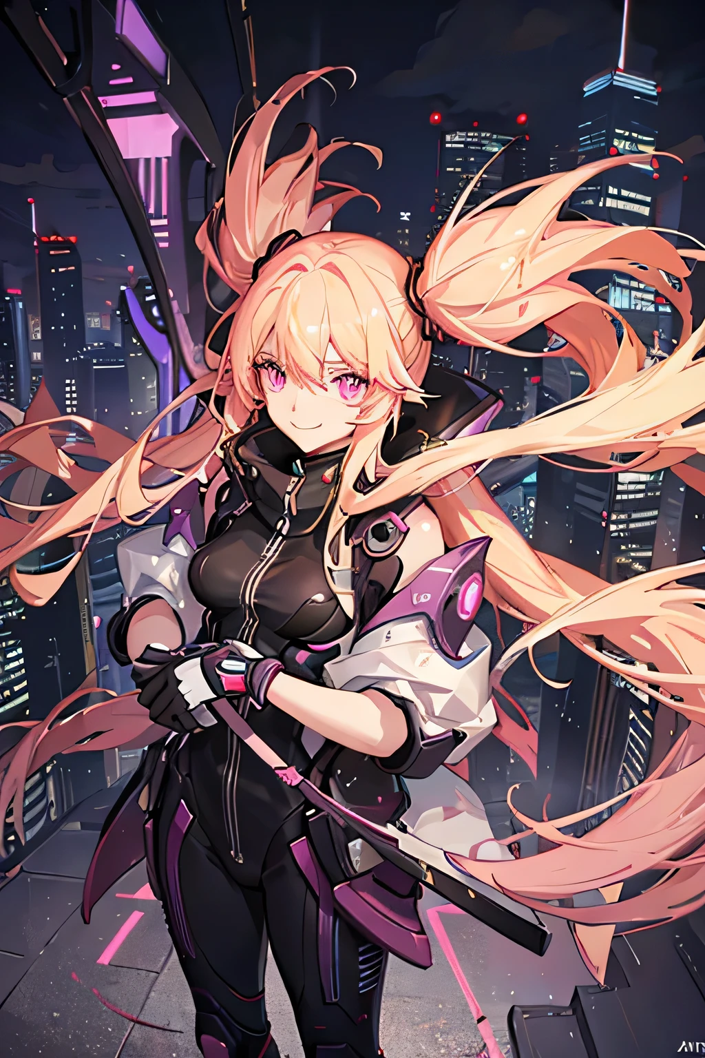 An anime girl with blonde hair and pink gradient tips in wavy twin tails, pink eyes, smiling, wearing a suited for a cyberpunk world with neon-lit skyscrapers, floating screens, and a futuristic cityscape background.
