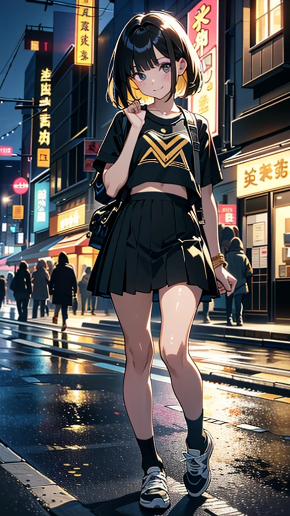 (8K, RAW Photos, 最high quality, masterpiece:1.2), high qualityのRAWカラー写真, Professional photo shoot, Cinematic Light, alone, (((young woman, Gal))), (Sharp features), (Small face), (Skin with attention to detail:1.2), clavicle, Cute face, Beautiful appearance, Long eyelashes,Girl Turning Around, smile, (Black Hair, Bobcut、gold mesh hair), Small cropped t-shirt、Belly button, Very short black pleated mini skirt, Black sneakers, Backpack, Night Park, Confident attitude, Capture the happy moment, Artistic painting,Attractive thighs, (Very nice touch:1.2),はにかんだsmile), Peaceful atmosphere, Oil painting style, Bright colors, (Are standing:1.5, Townscape at night, Full body portrait), Smooth texture, Gazing Eyes, Beautiful Skin, Shiny skin, ((Perfect Fingers, Five Fingers, Anatomically correct)), Background Blur, high quality, Surreal, ((Very detailed, photo shoot)),Many people々、blush、plump、
