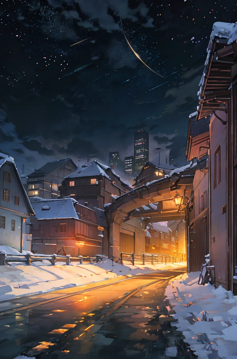 
「Drawing animated cityscape at night with falling snow。An overpass with moving cars passing by、There are skyscrapers in the background。In the distance, to the east