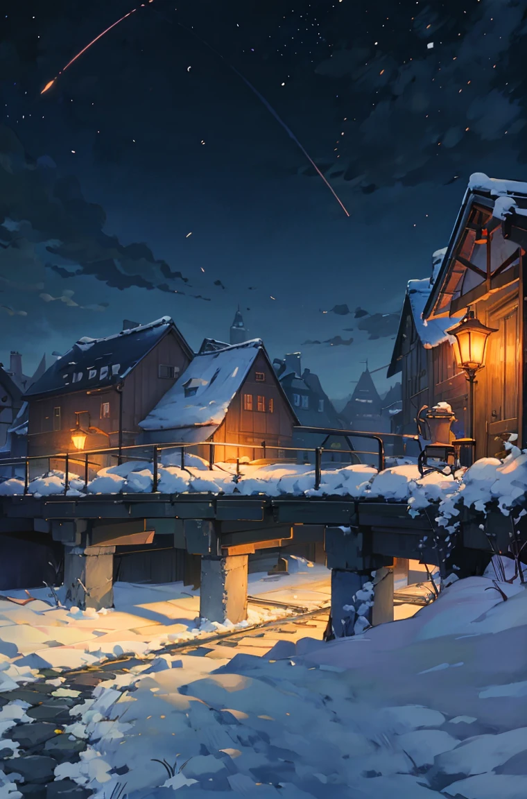 「Drawing animated cityscape at night with falling snow。An overpass with moving cars passing by、There are skyscrapers in the background。In the distance, to the east