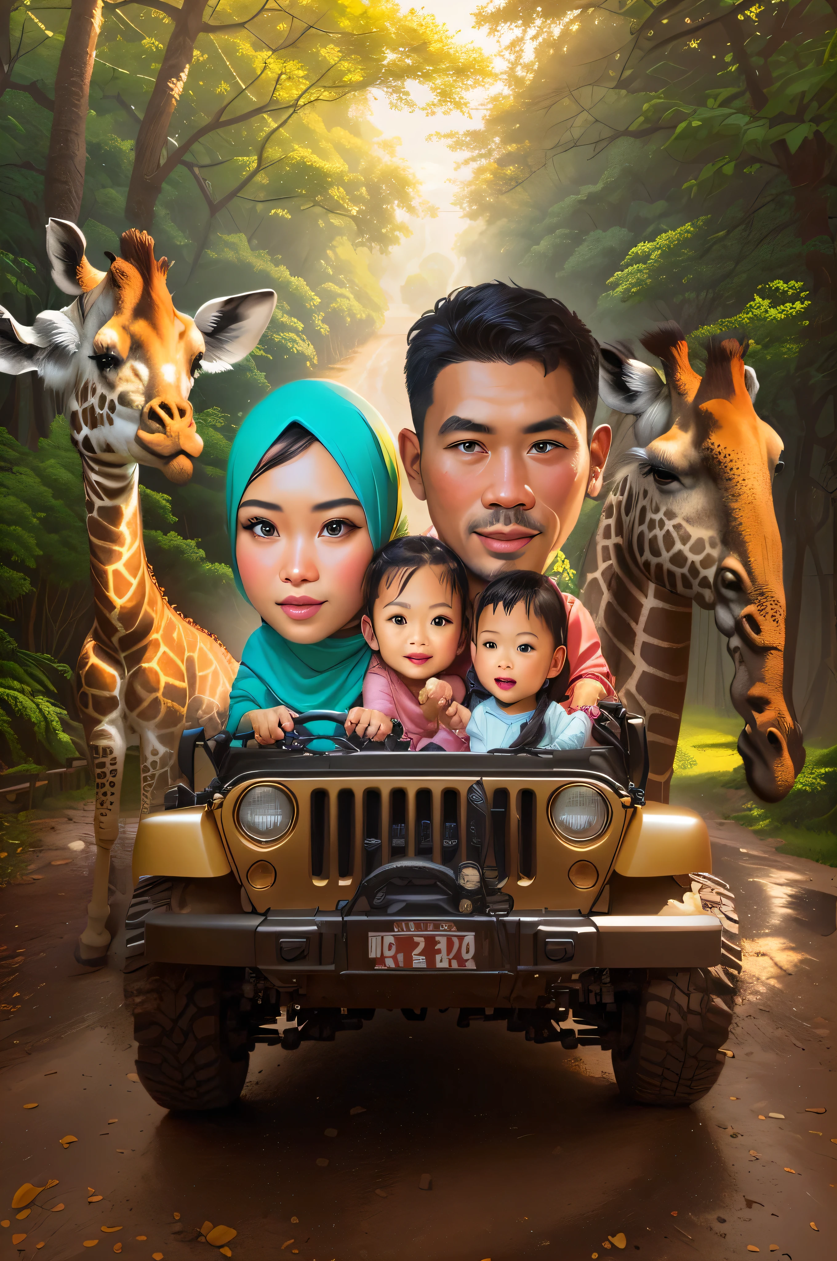 there is a picture of a family in a jeep with a giraffe, realistic cartoon, an indonesian family portrait, caricature illustration, in cartoon style, cartoon digital art, digital art cartoon, cartoon artstyle, cartoon art, cartoon digital painting, digital cartoon painting art, cartoon art style, cartoon painting, potrait, cartoon style illustration, caricature style, photorealistic!!!!!!! art style