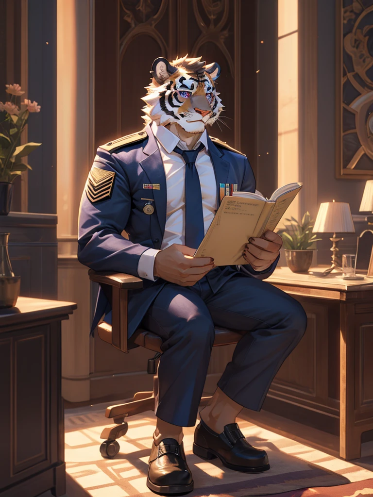 {{bara extremely handsome white tiger,}} {{white fur,}} white, wearing military like purple trench coat purple trousers and white dress shirt and necktie, white fluffy furry body and limbs, loafers, very tall, very broad shoulders, narrow waist, muscular arms, massive pecs, purple eyes, very long legs, sitting cross legged on swivel chair, reading file, sophisticated smart look, full body, sunlight casting over, 3/4 view, best quality, high quality, silver earring on left ear, dead stare, cold expression