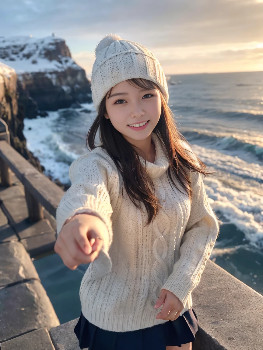 (Upper body selfie:1.3),winter seaside、A spectacular view from the coast、Snow Scene、Beautiful sunrise、Remove the beam from above、Backlight、Generate images of beautiful women from around the world、Especially while reflecting elements of Western beauty。A woman with a natural smile and attractive facial expression、Clear Skin、Eyes sparkling、Expresses an elegant atmosphere。alone、Backpack、Knitted hat、sweater、gloveountain boots、A strong wind is blowing、Hair fluttering in the storm,(8K quality,Tabletop,Highest quality,Ultra-high resolution output images,),(Highly detailed RAW photos:1.3),(Picture Mode Ultra HD),