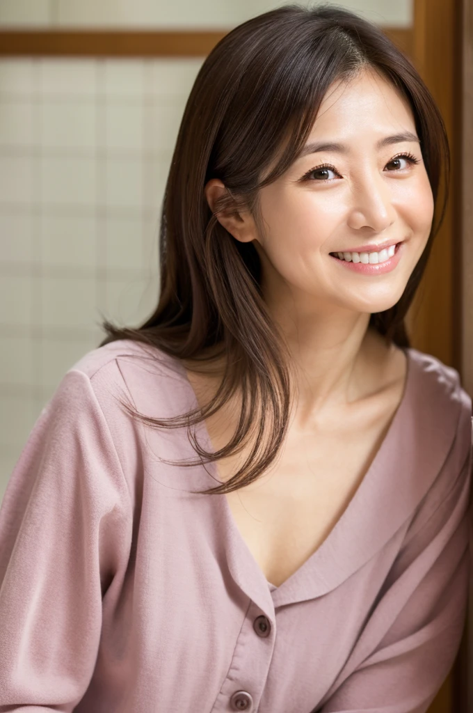 ((Highest quality)), ((masterpiece)), (detailed), Japanese, 30 years old, Beauty, front,Above chest、smile, Nagoya,Facial wrinkles,Natural Photography,part-time job