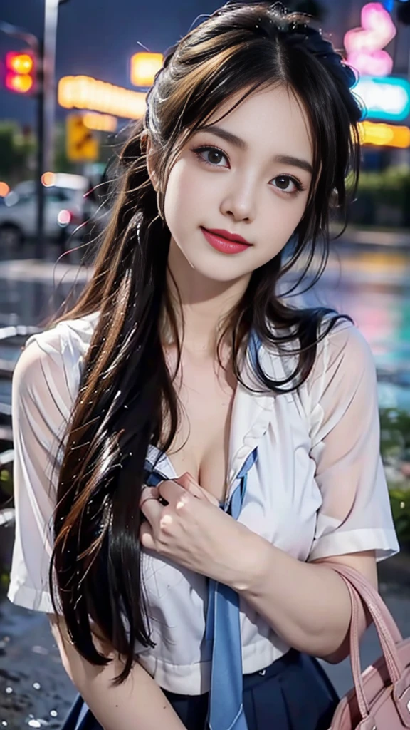 (RAW shooting, Photoreal:1.5, 8K, highest quality, masterpiece, ultra high resolution), perfect dynamic composition:1.2, street corner at night, look up at the sky:1.3, (((Typhoon heavy rain))), Highly detailed skin and facial textures:1.2, Slim high school girl wet in the rain:1.3, sexy beauty, perfect style:1.2, beautiful and aesthetic, Fair skin, very beautiful face, (rain drips all over my body:1.2, wet hair:1.4, wet uniform:1.2), water droplets on the skin, (Medium chest, Chest gap), (embarrassing smile, The expression on your face when you feel intense caress, Facial expression when feeling pleasure), (Beautiful blue eyes、 Beautiful erotic eyes:0.8)、 (Too erotic:0.9、Alluring:0.9)、 Cowboy Shot、Student Bag、 perfect limbs, perfect fingers(,nipple),(Pink is transparent),