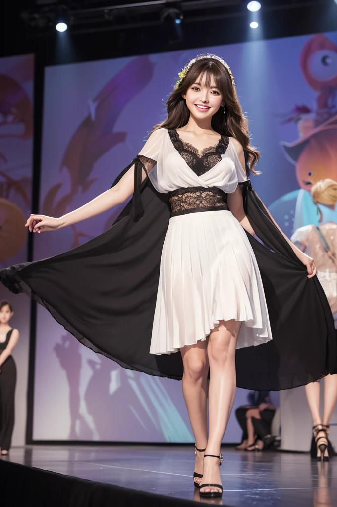 Amazingly large eyes、Smiling expression with white teeth visible、H cup bust、50cm waist、Slender and fair-skinned、Japan woman with long hair、20-year-old、Slim figure、Wearing a pleated skirt and a sheer lace blouse that flutters in the vivid breeze、Wearing high heels。On the runway at a fashion show、Her whole body was shown, from her high heels to her head, as she walked towards the viewer.、Bright, photo-quality images。