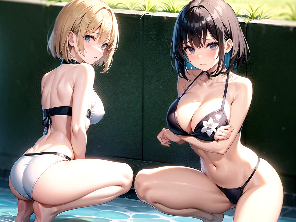 Create an image featuring a stylish girl in a swimsuit. The girl should be cute with light brown, bob-cut hair. She should have a sad, almost tearful expression on her face. Her pose should be kneeling, facing away from the viewer. Compose the image such that her buttocks are larger and prominently centered in the frame, with her tearful expression still visible.