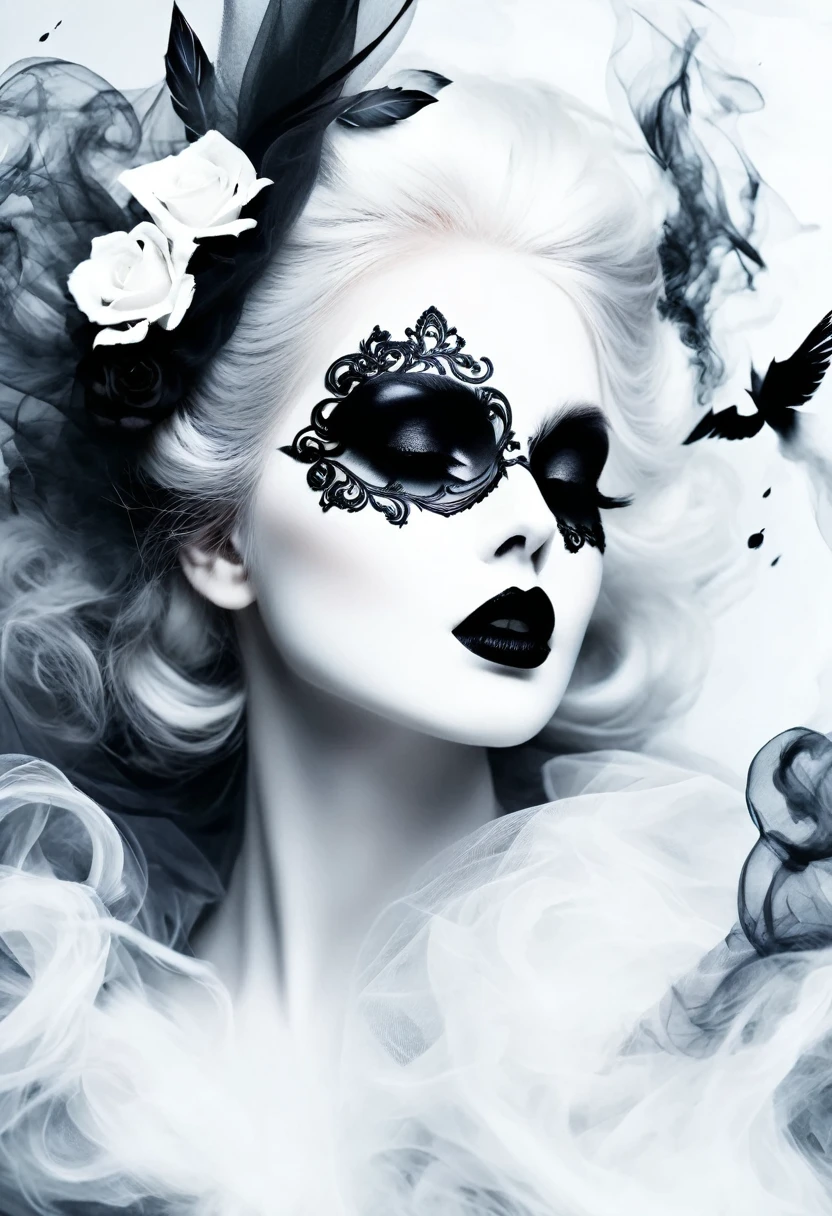 Gothic art，dream，Only a beautiful white face，Gothic Makeup，Black and white smoke drifting，Simple white background