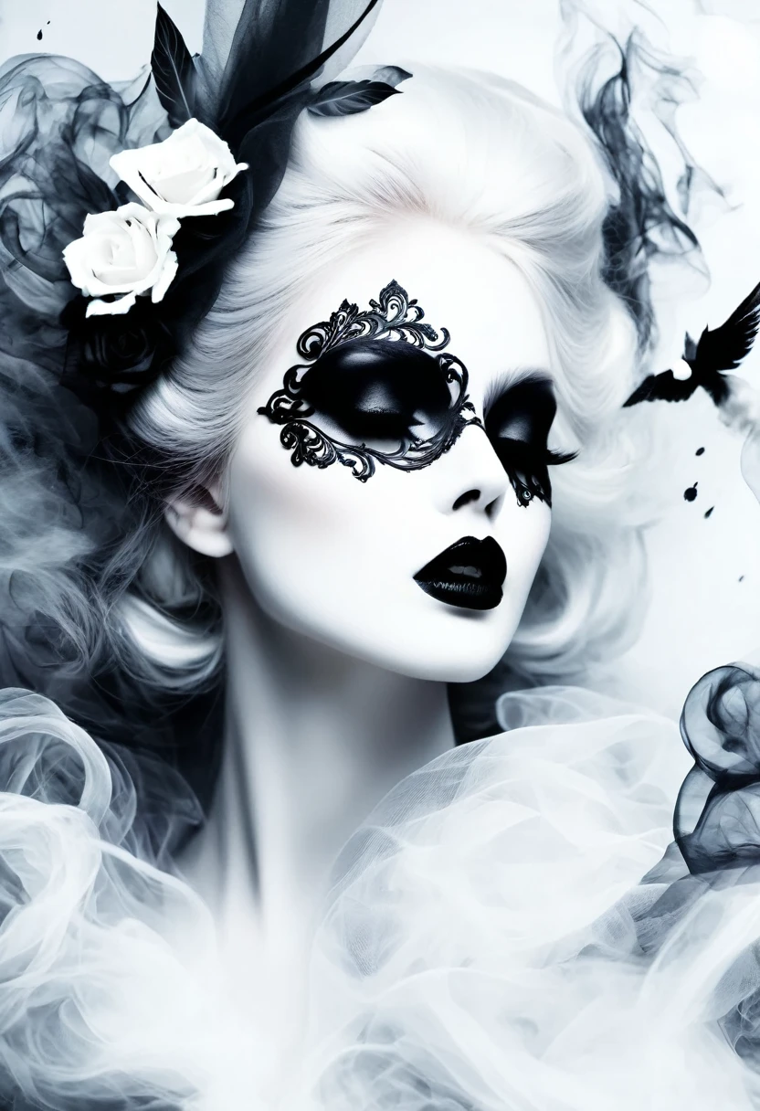 Gothic art,dream,Only a beautiful white face,Gothic Makeup,Black and white smoke drifting,Simple white background