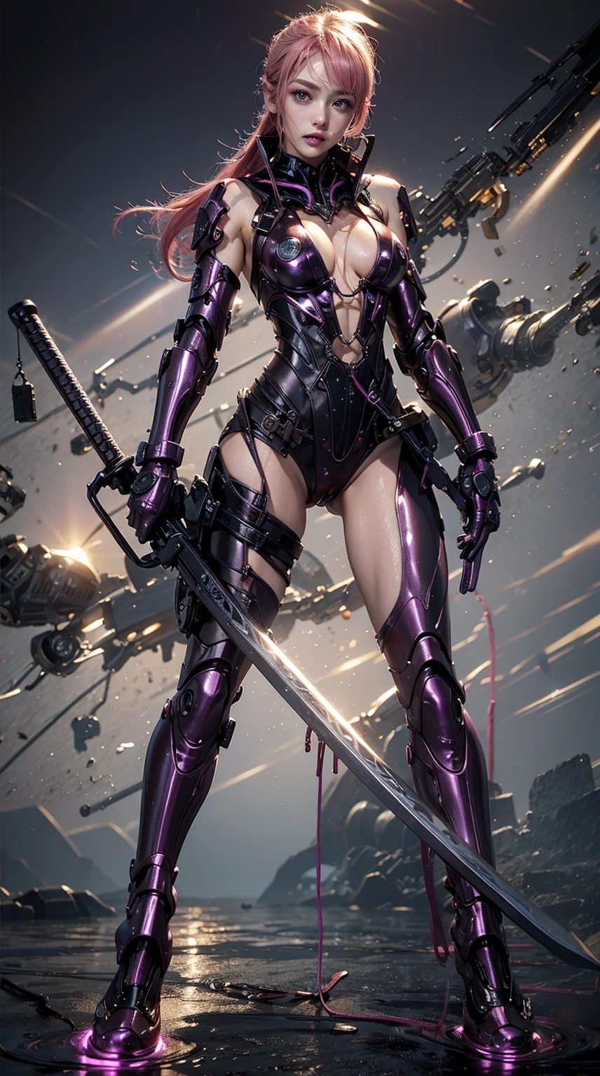 Highest quality、Surreal、Perfect Anatomy、In the middle of a crowded arena、Wet and shiny white skin、Sweat dripping all over the body、Small face、Model Body Type、Golden and pink hair、Black micro bikini、blush、Collars and Leads、Black Japanese sword、Heart shaped decoration、Cyberpunk City、Dripping purple liquid、Intricate, luminous mechanical parts、